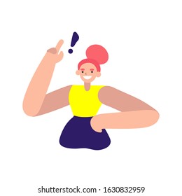 Happy young girl character raises her finger up. Woman got an idea and she attracts attention. Female character found a solution to her problem. Flat cartoon vector illustration