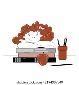 Happy young girl character studying. Hand draw outline vector illustration in doodle style. Back to school concept.