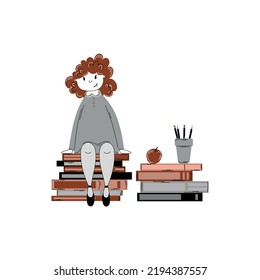 Happy young girl character studying. Hand draw outline vector illustration in doodle style. Back to school concept.