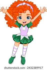 Happy young girl with curly red hair celebrating.