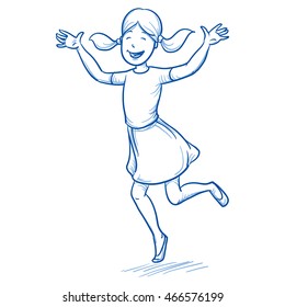 Happy young girl dancing and jumping with joy.. Hand drawn cartoon doodle vector illustration.