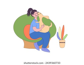 Happy young girl with dog in interior. Person and foliage in the park. Woman in the cair with a puppy. Pet friendly. Flat vector illustration isolated on white background..