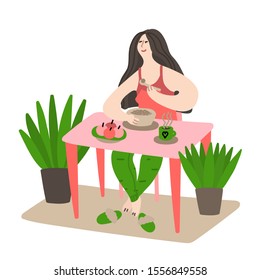 Happy young girl eating her breakfast and drinking coffee early in the morning. Daily life and routine by young woman at home. Flat cartoon vector illustration