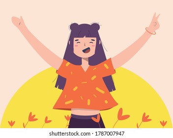 Happy young girl enjoy summer time. Freedom after hard day, long-awaited vacation