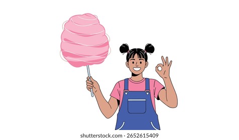 Uma jovem feliz que desfruta de um grande doce doce doce doce algodão doce doce doce doce doce doce doce doce doce doce doce doce doce doce doce doce doce doce doce doce doce doce doce doce doce doce doce doce doce doce doce doce doce doce doce doce doce doce doce doce doce doce doce doce doce doce doce doce doce doce doce doce de algodão enquanto faz um gesto de mão Ok