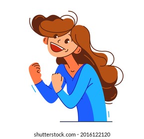 Happy young girl excited with winner gesture vector illustration, woman saying yes to success and goal cartoon drawing, champion win.