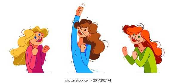 Happy young girl excited with winner gesture vector illustrations set, woman saying yes to success and goal cartoon drawing, champion win.