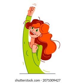 Happy young girl excited with winner gesture vector illustration, woman saying yes to success and goal cartoon drawing, champion win.