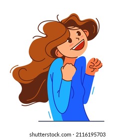 Happy young girl excited with winner gesture vector illustration, woman saying yes to success and goal cartoon drawing, champion win.