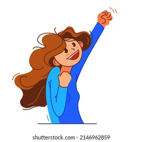 Happy young girl excited with winner gesture vector illustration, woman saying yes to success and goal cartoon drawing, champion win.