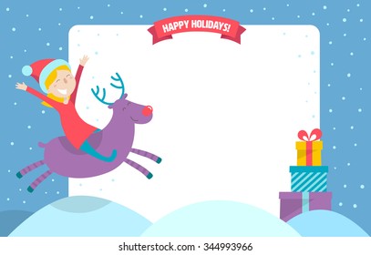 Happy young girl in the hat of Santa Claus riding a reindeer. The Winter Landscape with a snowfall. Christmas Holiday vector illustration flat style for greeting card, poster, banner.