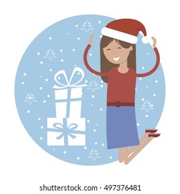 Happy young girl in the hat of Santa Claus jumping for joy near xmas gifts. Christmas Holiday vector illustration flat design for greeting card, poster, banner.