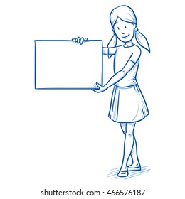 Happy young girl holding a billboard. Hand drawn cartoon doodle vector illustration.