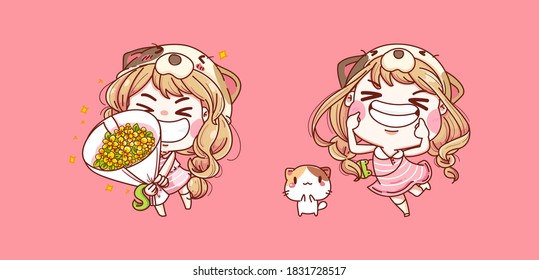Happy young girl holding flower and smile isolated on background with character design.