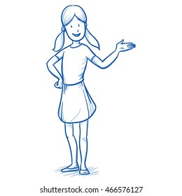 Happy young girl holding hand up / raised as if presenting something. Hand drawn cartoon doodle vector illustration.