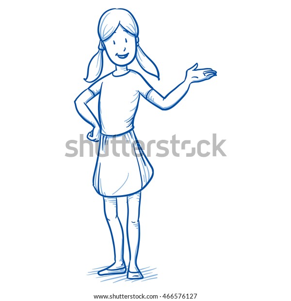 手を上げた幸せな若い女の子 何かを差し出すかのように立ち上がる 手描きのカートーンの落書きベクターイラスト のベクター画像素材 ロイヤリティフリー