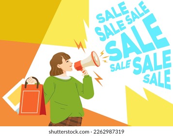 Happy young girl holding megaphone shouting loud calls customers announcing sale Promotion advertising concept