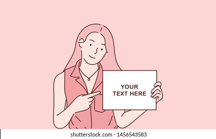 Happy young girl holding showing displaying white blank board banner poster. Hand drawn style vector design illustrations. EPS 10