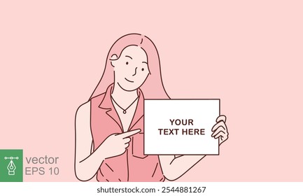Happy young girl holding, showing, and displaying white blank board, banner, poster. Hand drawn style. Vector illustration design isolated on pink background. EPS 10.