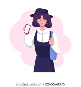 happy young girl holding smartphones flat style illustration