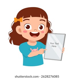 Jovem feliz segurando um computador tablet sorrindo e apontando para a tela, ilustração