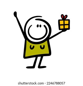 Happy young girl holds a birthday gift box in her hand and smiles. Vector illustration of a funny woman on holiday.