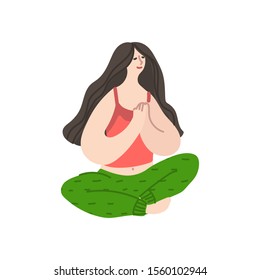 Happy young girl in home clothes meditates. Daily life and routine by young woman at home. Flat cartoon vector illustration