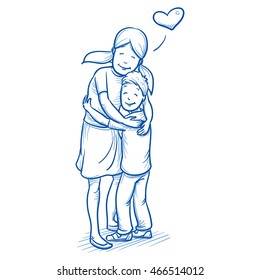 Happy young girl hugging her younger brother, love between brothers and sisters. Hand drawn cartoon doodle vector illustration.