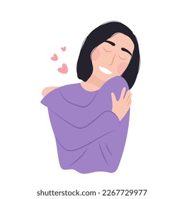 Happy young girl hugging herself with love. Self love. 