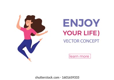 Happy young girl jumping in different poses vector illustration. Cartoon concept of joyful laughing woman with raised hands. Flat positive lifestyle design for party, sport, dance, happiness, success