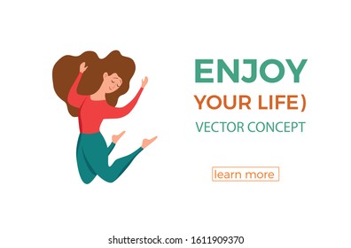 Happy young girl jumping in different poses vector illustration. Cartoon concept of joyful laughing woman with raised hands. Flat positive lifestyle design for party, sport, dance, happiness, success