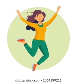 Happy young girl jumping with happiness. The concept of positivity, active and free movement, fun, joy. Vector flat illustration.