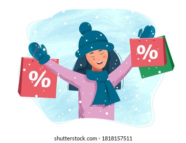 Happy young girl makes shopping for the holidays in a snowy winter day. Vector illustration