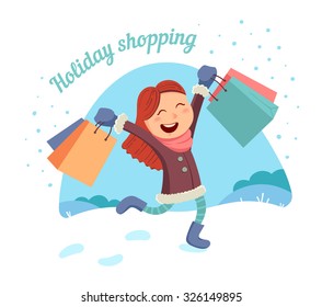 Happy young girl makes shopping for the holidays in a snowy winter day. Vector illustration.