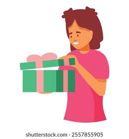 Happy young girl opening a green gift box with a pink ribbon, receiving a present for birthday or christmas, colorful cartoon vector illustration on white background