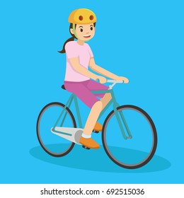 Happy young girl in pink riding a bicycle. Vector illustration