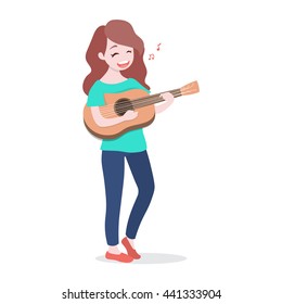  Happy young girl playing the guitar and sing a song, Isolated on white background, Vector illustration.