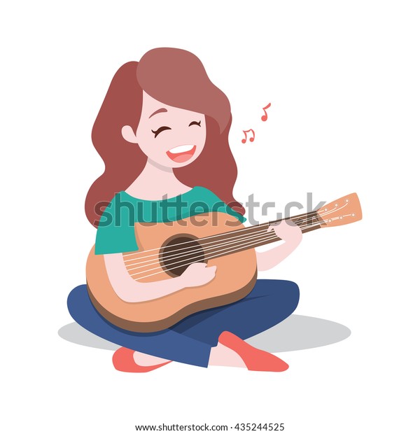 Happy Young Girl Playing Guitar Sing Stock Vector (Royalty Free ...