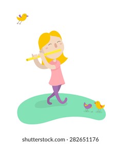 Happy young girl playing on flute on a glade. Flat design. Vector illustration.