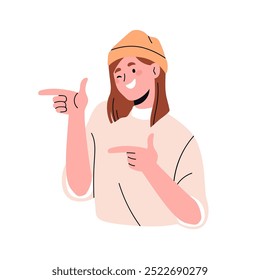 Muchacha joven feliz que señala con el signo de los dedos índices, gesto de la mano. Mujer sonriente emocionada que elige, que muestra, que selecciona, que anuncia la mejor opción. Ilustración vectorial plana aislada sobre fondo blanco