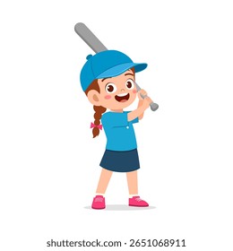 Happy young girl preparing to hit a baseball with a bat cartoon illustration style