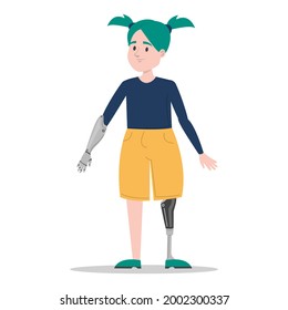 Happy Young Girl With Prosthetic Leg And Arm Vector Isolated. Illustration Of A Child Wearing A Prosthesis. Handicapped Person, Kid With Artificial Limbs.