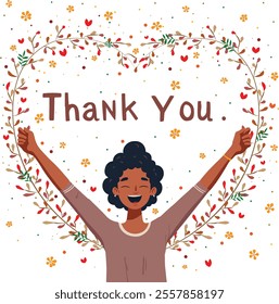 Happy young girl with raised hands celebrating joy and gratitude, with a large 'Thank You' text above her. Vibrant and cheerful illustration perfect for expressing appreciation and positivity.