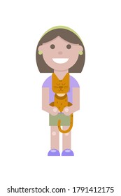 Happy young girl with red cat in flat stile isolated on white background. Vector simple illustration. Usable as icon or symbol. Decoration element.	
