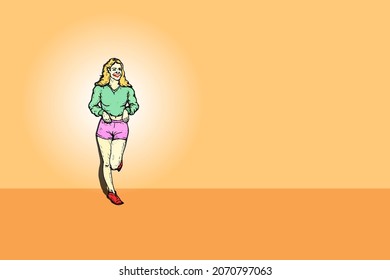 A happy young girl relaxing against a wall. Hand drawn vector illustration.