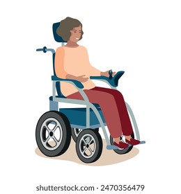 Happy young girl rides in an electric wheelchair. Rehabilitation and adaptation of people with disabilities. Vector illustration on a white background.