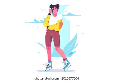 Happy young girl riding rollerskates vector illustration. Fun leisure in park flat style. Summer activity and outdoor recreation concept