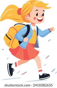 Happy young girl running with a backpack and smiling. Cartoon schoolgirl in uniform hurrying. Excited child on the move, education theme vector illustration.