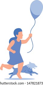 Happy young girl running and playing with balloon and dog. Trendy flat design illustration