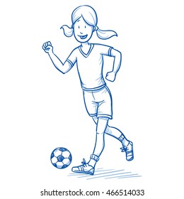 Happy young girl running and playing soccer. Hand drawn cartoon doodle vector illustration.
